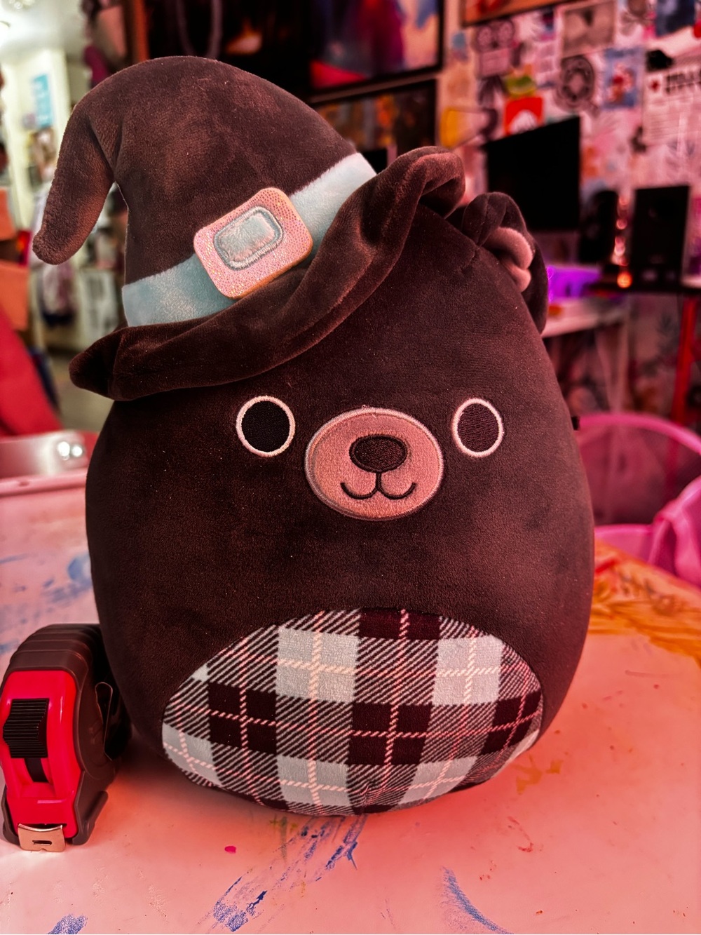 Black Bear Squishmallow with Witch Hat and Plaid Belly